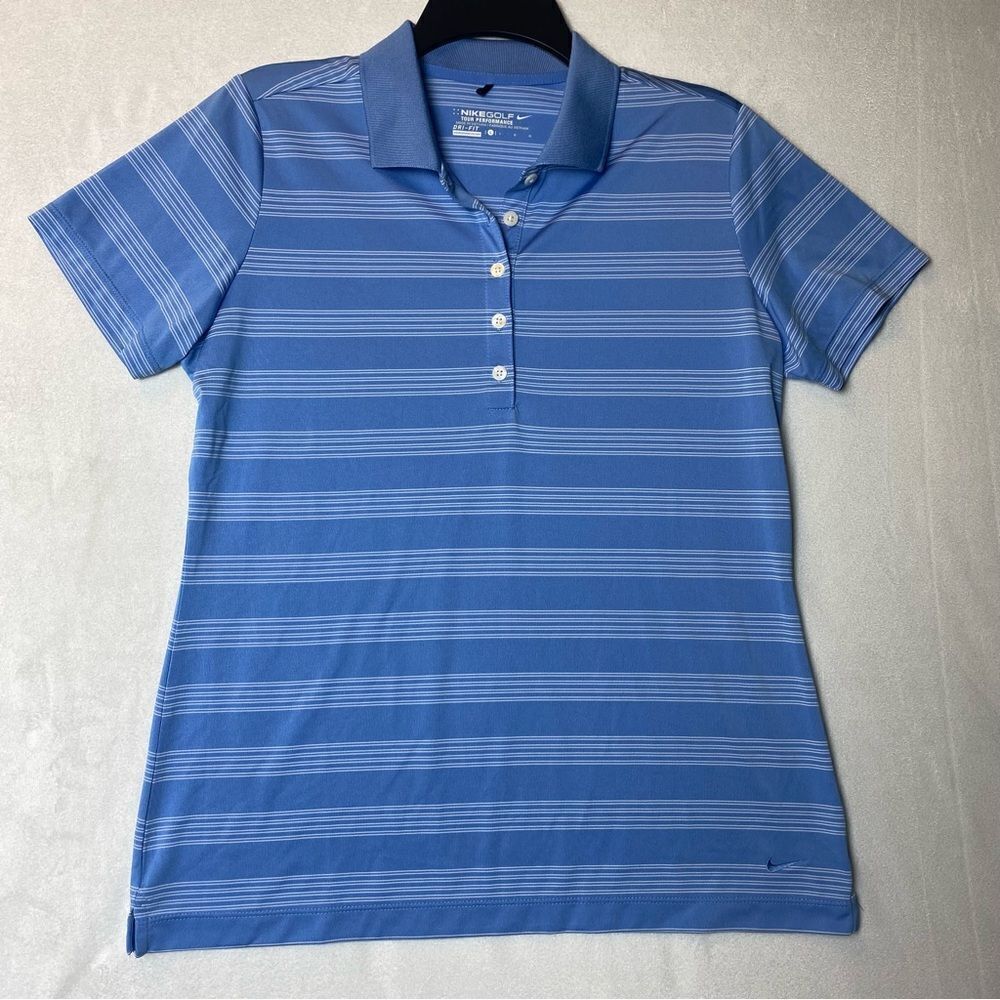 Nike Golf Dri Fit White and Blue Striped Short Sleeve Polo Size Large